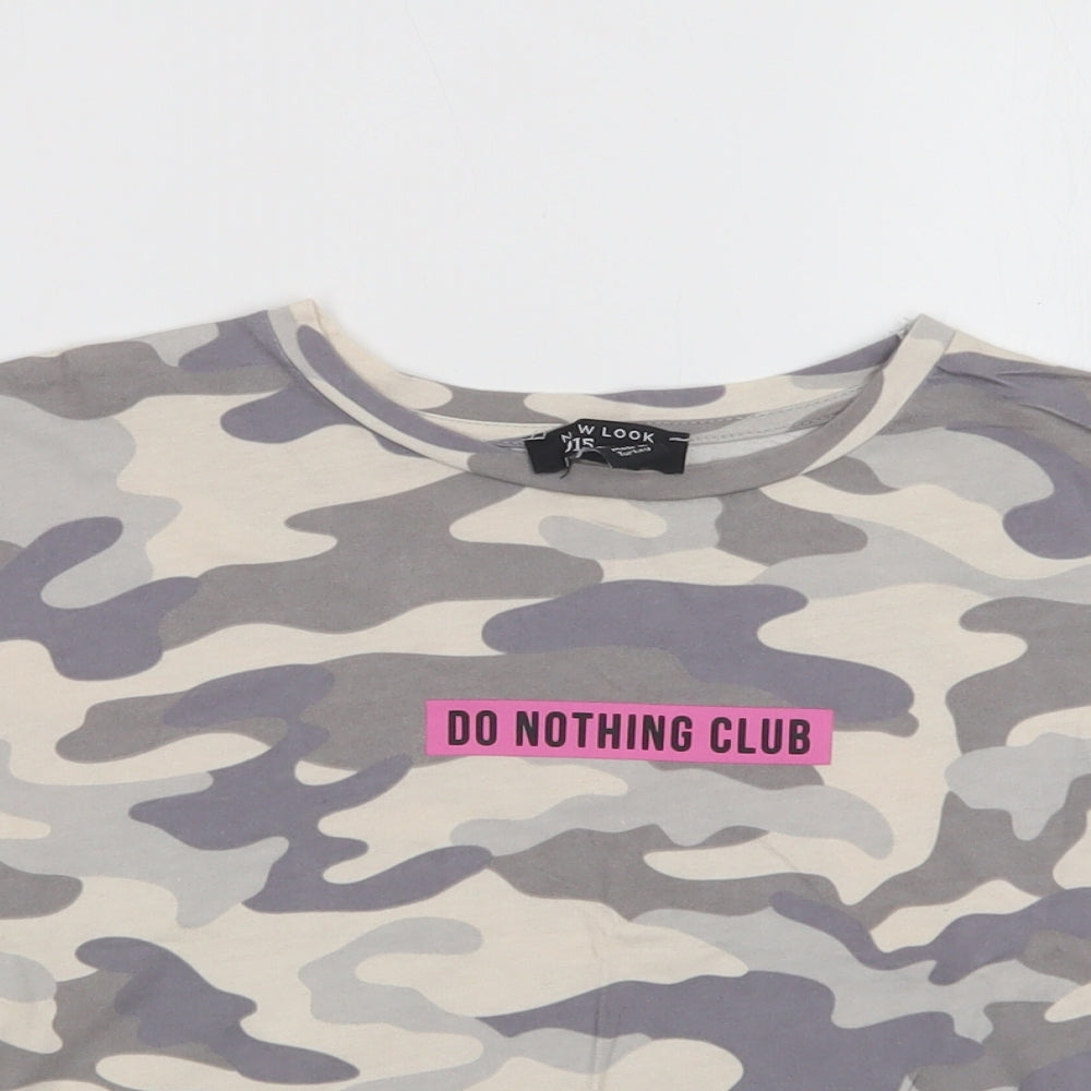 New Look Girls Grey Camouflage Cotton Cropped T-Shirt Size 14-15 Years Crew Neck