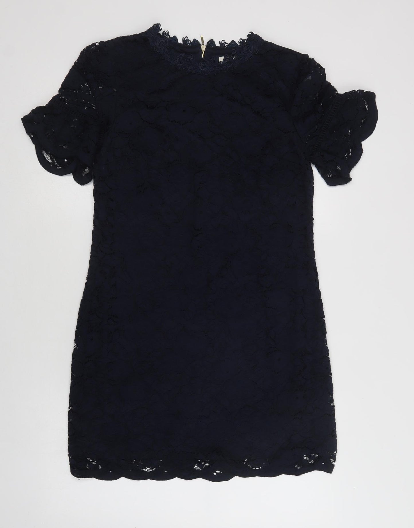 Oasis Womens Blue Floral Polyamide Shift  Size 10  Round Neck Zip - Lace Overlay