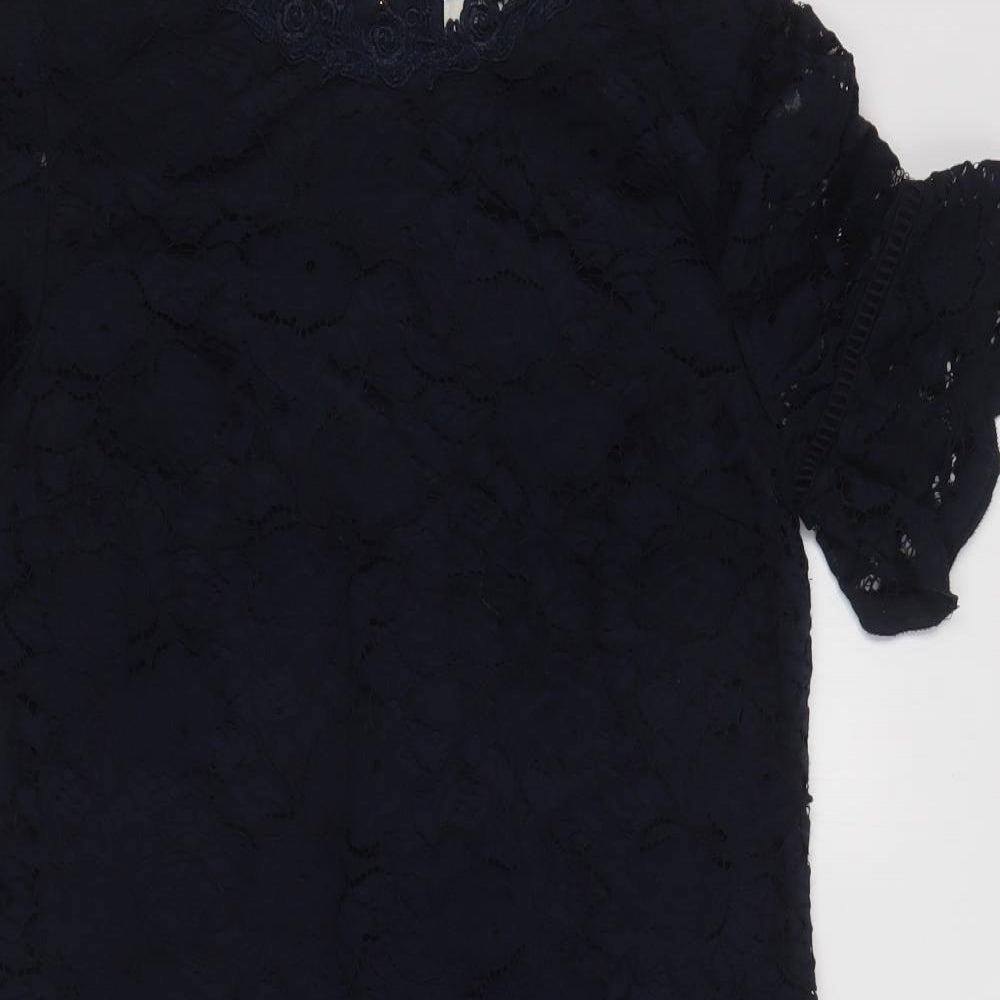 Oasis Womens Blue Floral Polyamide Shift  Size 10  Round Neck Zip - Lace Overlay