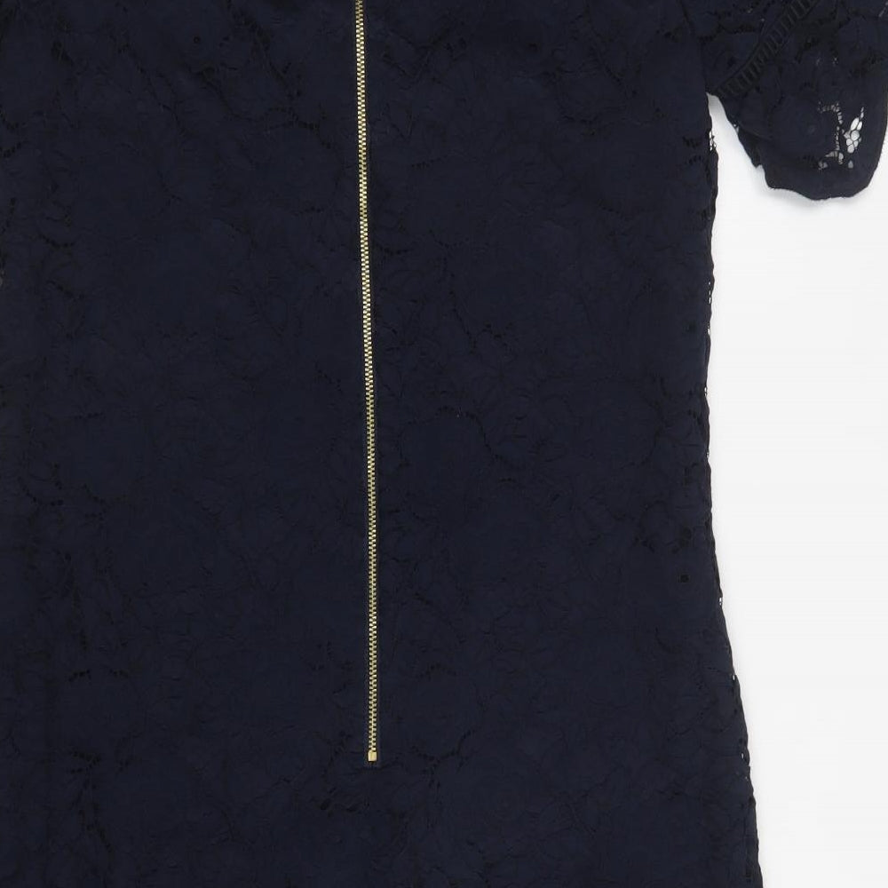Oasis Womens Blue Floral Polyamide Shift  Size 10  Round Neck Zip - Lace Overlay
