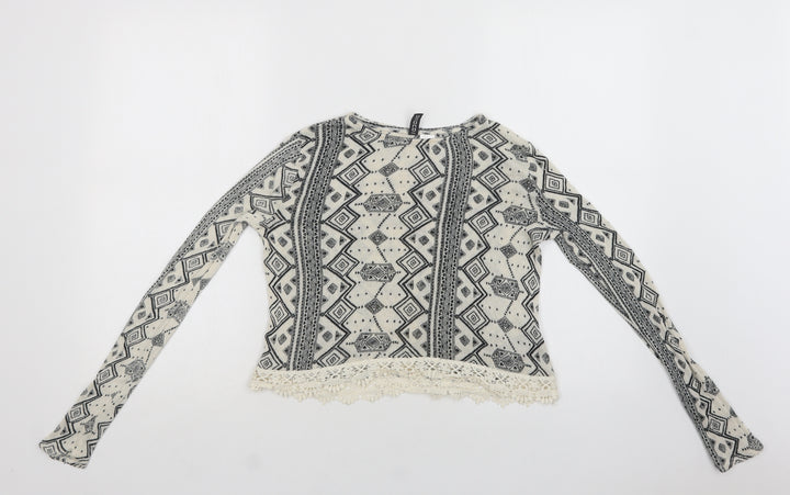 H&M Womens Beige Crew Neck Geometric Viscose Pullover Jumper Size XS - Lace Detail