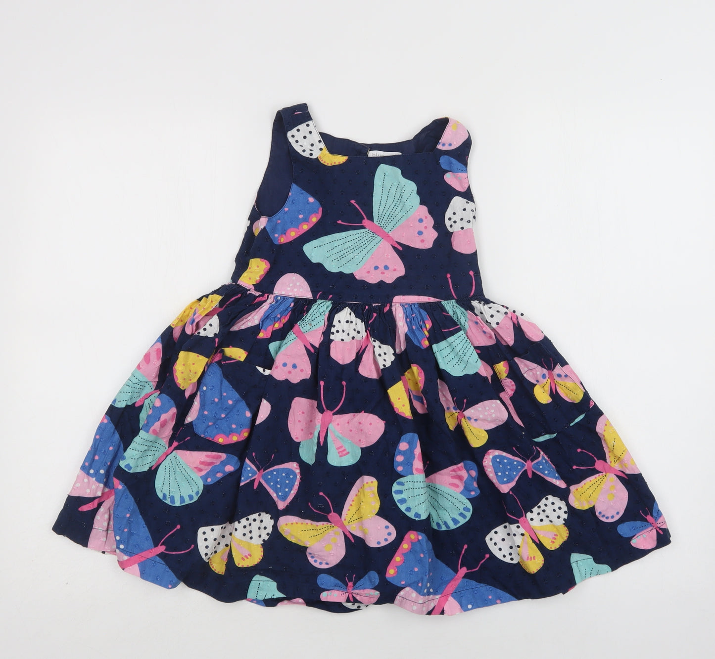 Blue Zoo Girls Blue Geometric Cotton Fit & Flare  Size 5-6 Years  Square Neck Button - Butterfly Print