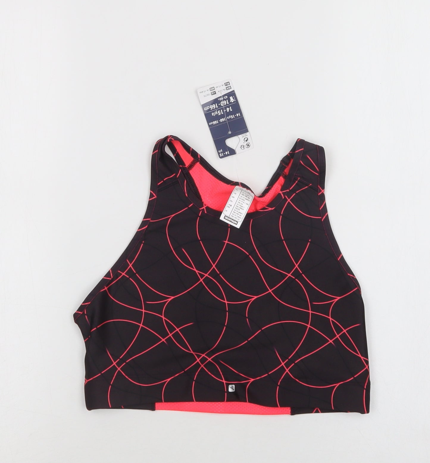 DECATHLON Girls Black Geometric Polyester Cropped Tank Size 14-15 Years Scoop Neck  - Sports Bra