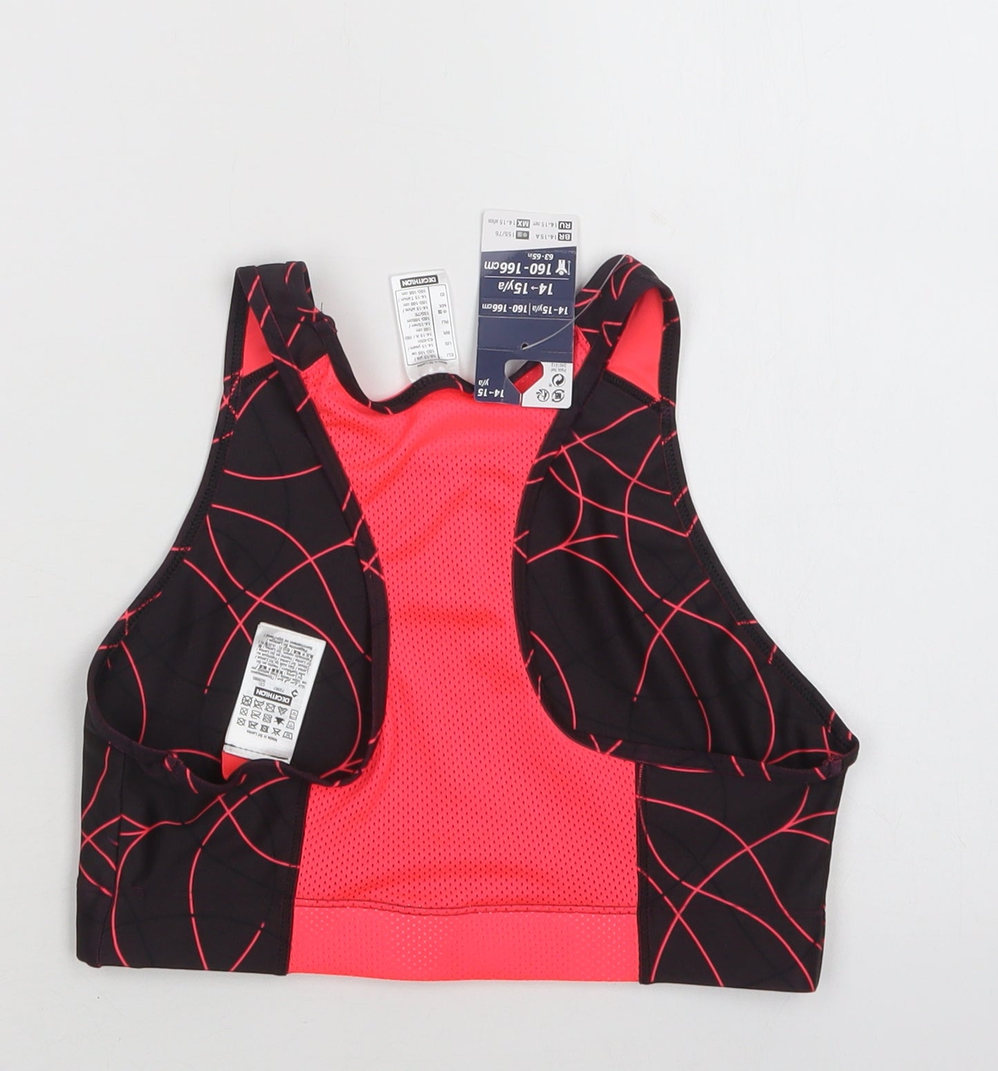 DECATHLON Girls Black Geometric Polyester Cropped Tank Size 14-15 Years Scoop Neck  - Sports Bra