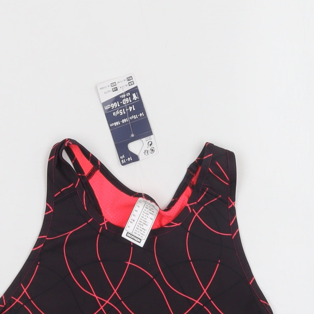 DECATHLON Girls Black Geometric Polyester Cropped Tank Size 14-15 Years Scoop Neck  - Sports Bra