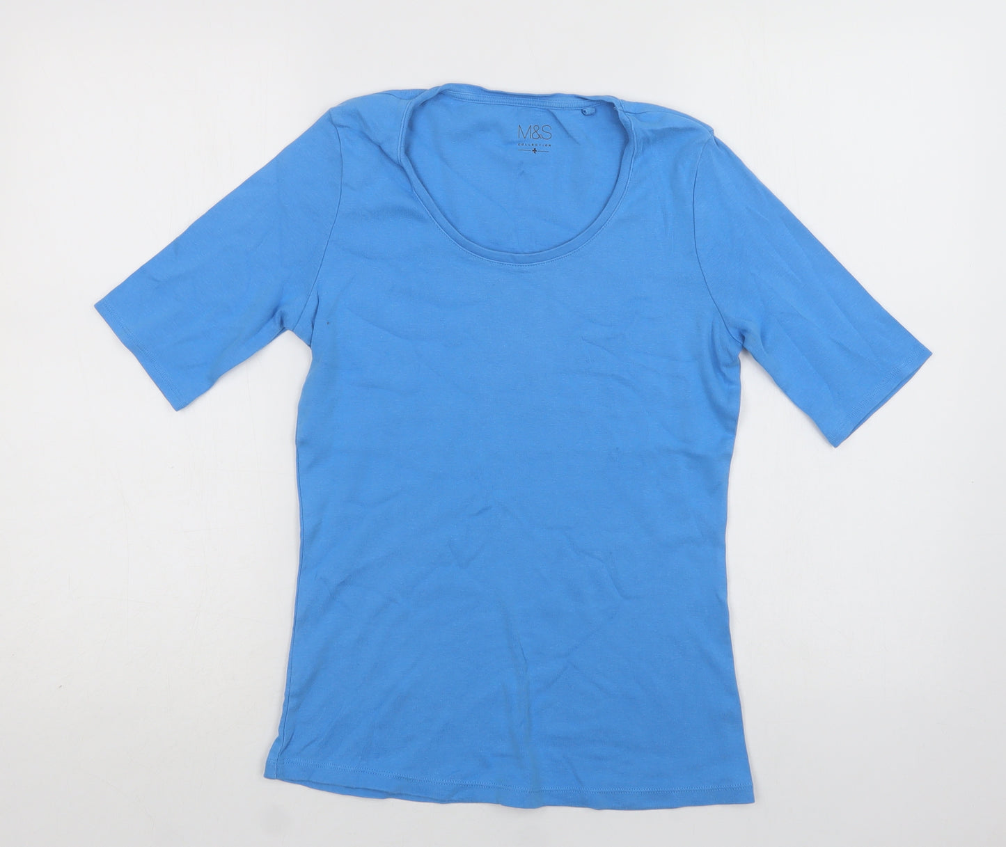 M&S Womens Blue  Cotton Basic T-Shirt Size 10 Scoop Neck