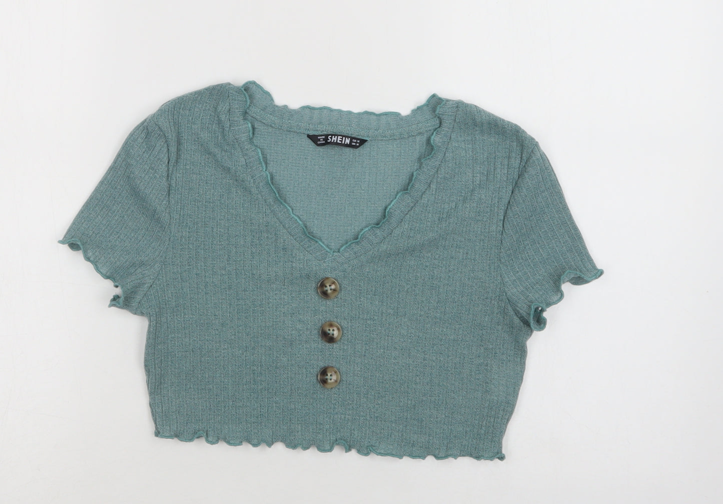 SheIn Womens Green  Cotton Cropped Blouse Size M V-Neck