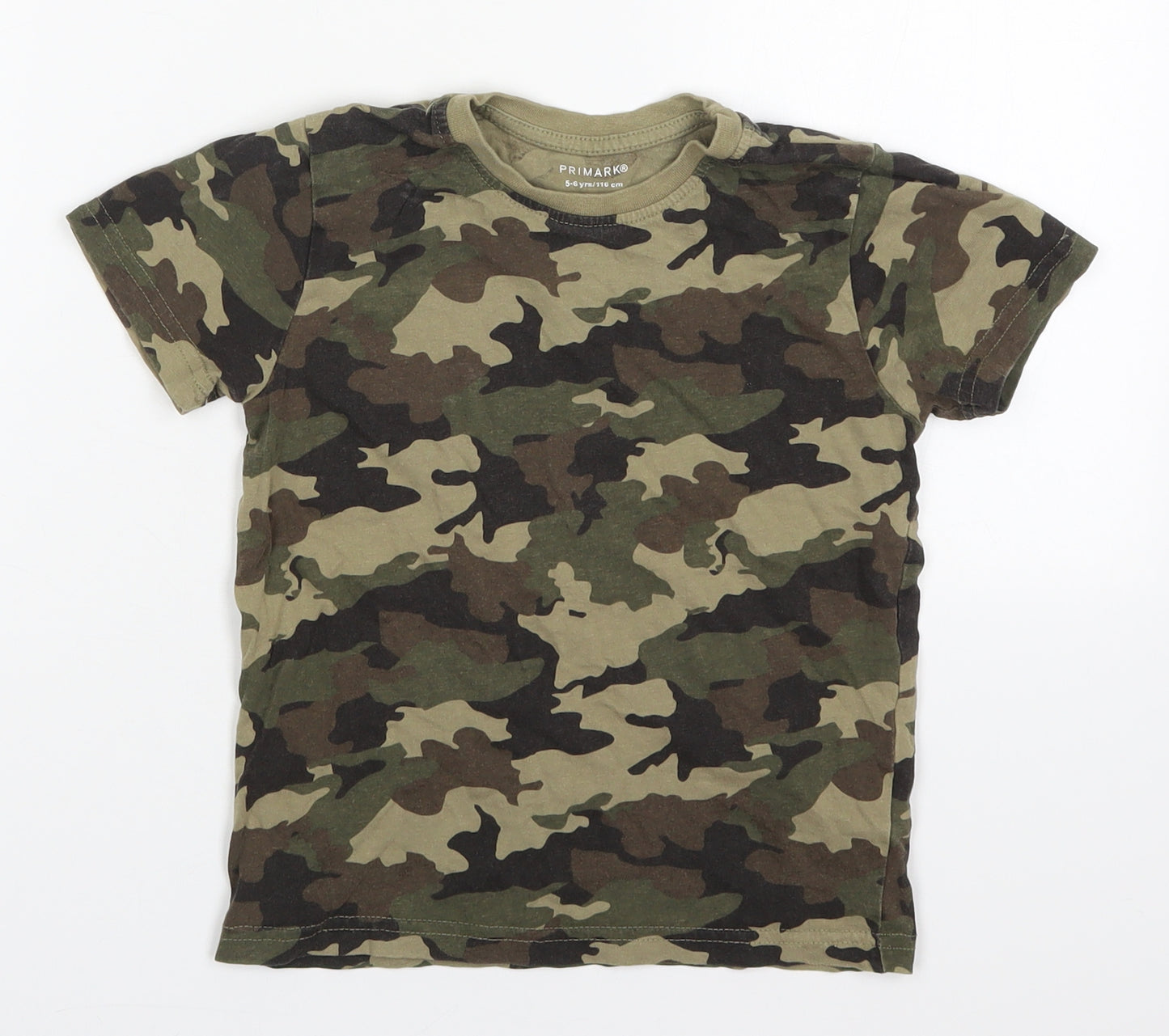 Primark Boys Green Camouflage Cotton Basic T-Shirt Size 5-6 Years Crew Neck Pullover