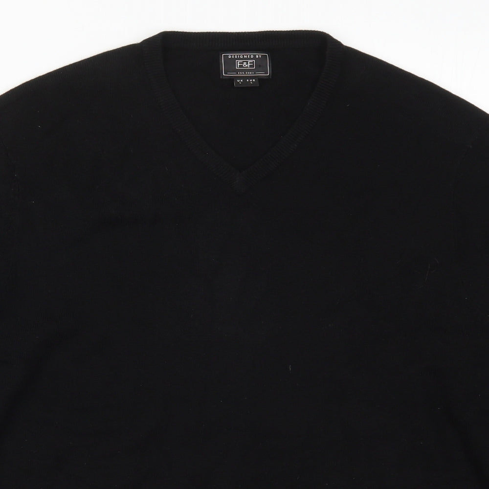 F&F Mens Black V-Neck  Acrylic Pullover Jumper Size L