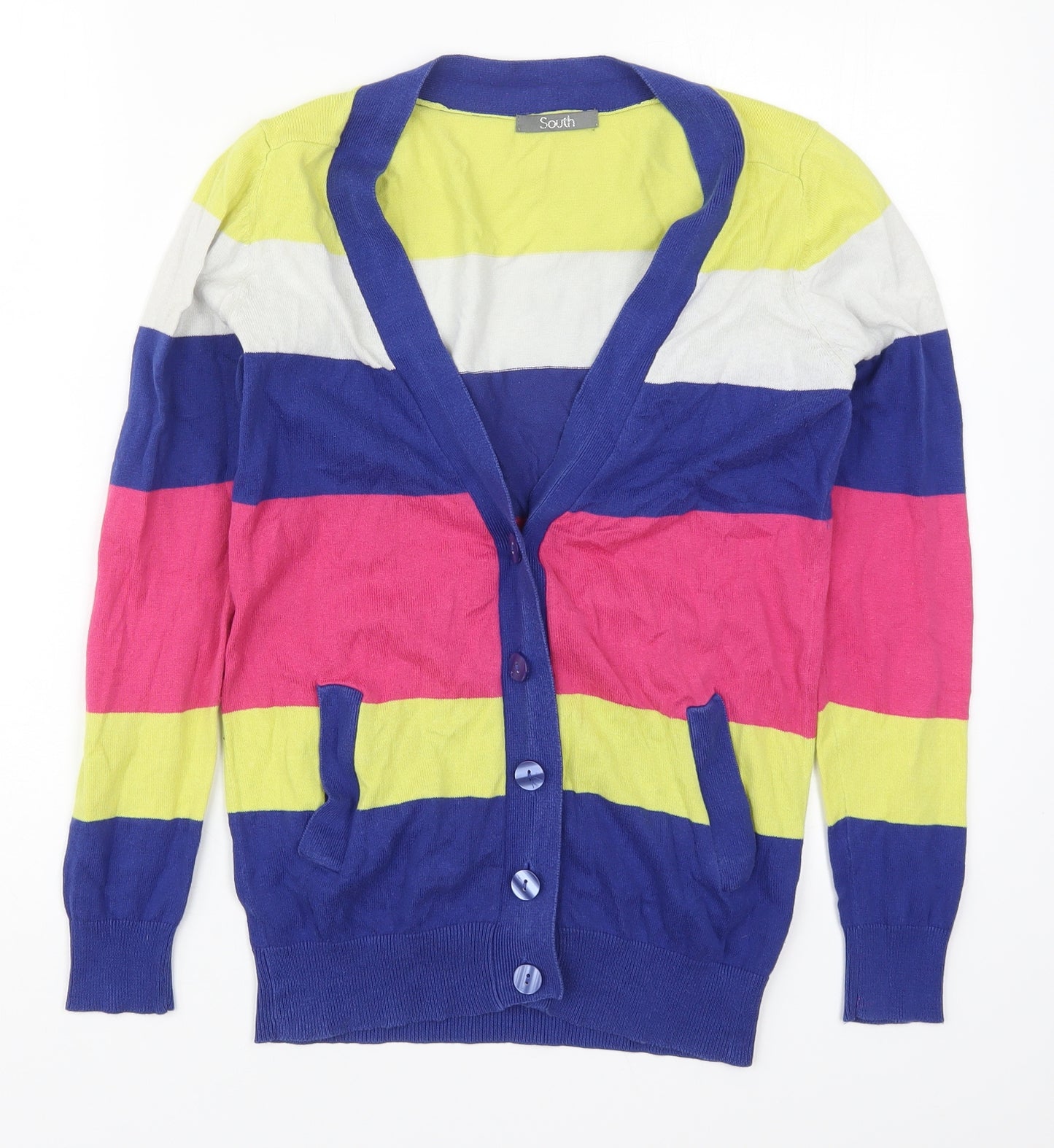 South Womens Multicoloured V-Neck Striped Cotton Cardigan Jumper Size 10