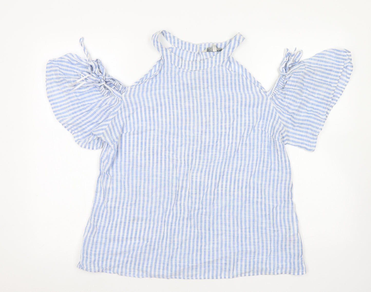 Peacocks Womens Blue Striped Cotton Basic Blouse Size 16 Round Neck - Cold Shoulder