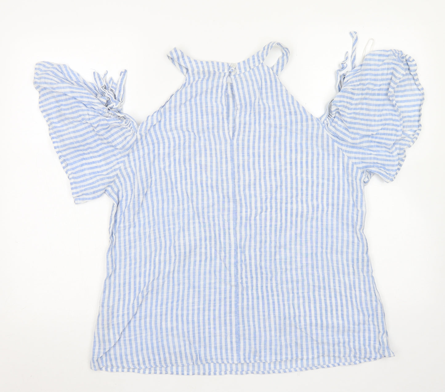 Peacocks Womens Blue Striped Cotton Basic Blouse Size 16 Round Neck - Cold Shoulder