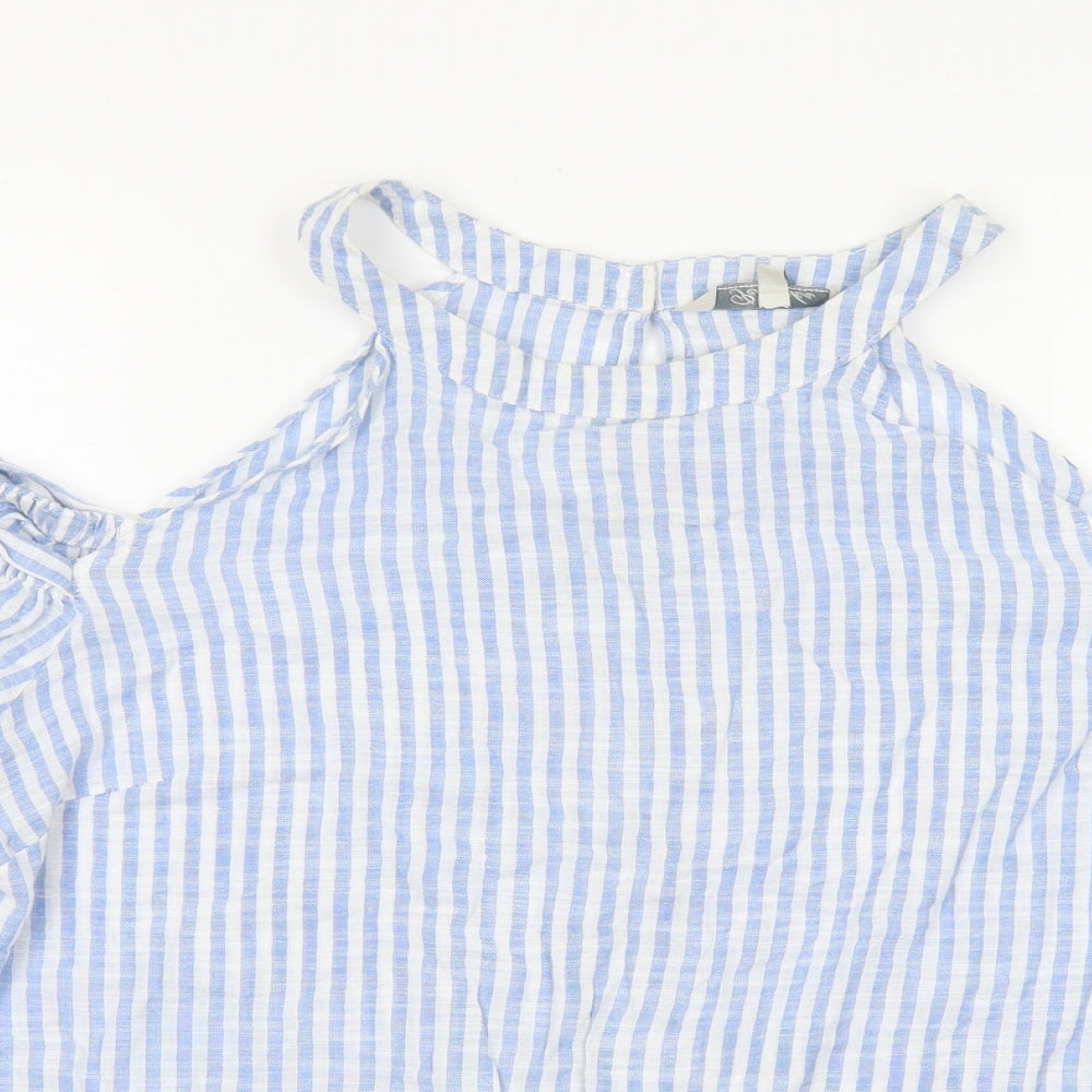 Peacocks Womens Blue Striped Cotton Basic Blouse Size 16 Round Neck - Cold Shoulder