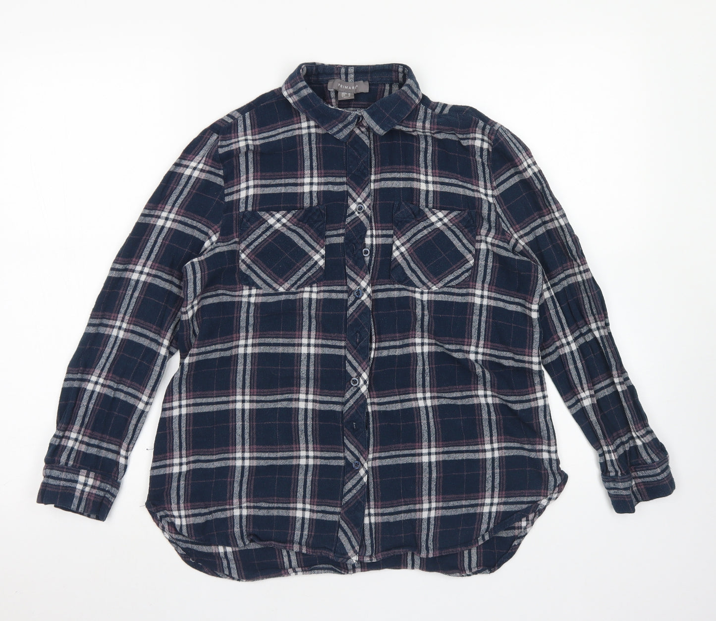 Primark Womens Blue Plaid Cotton Basic Button-Up Size 10 Collared - Chest pockets