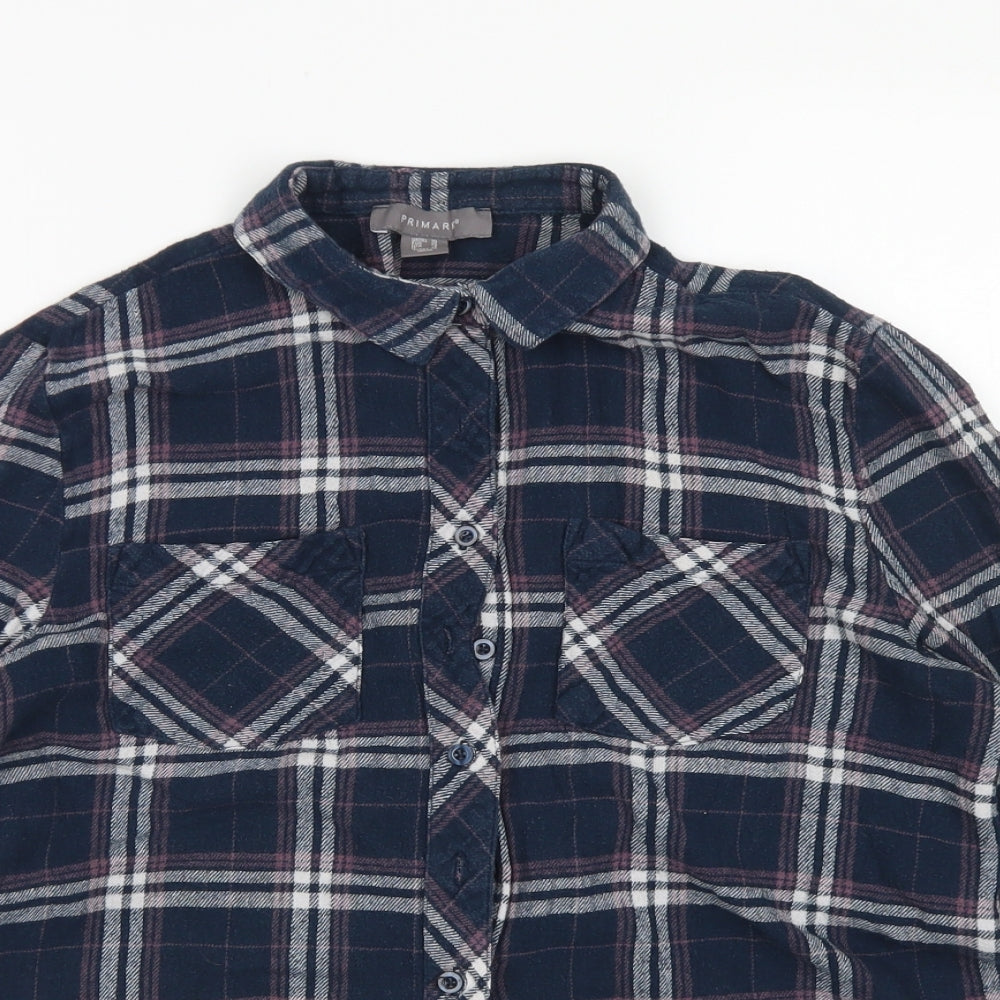 Primark Womens Blue Plaid Cotton Basic Button-Up Size 10 Collared - Chest pockets