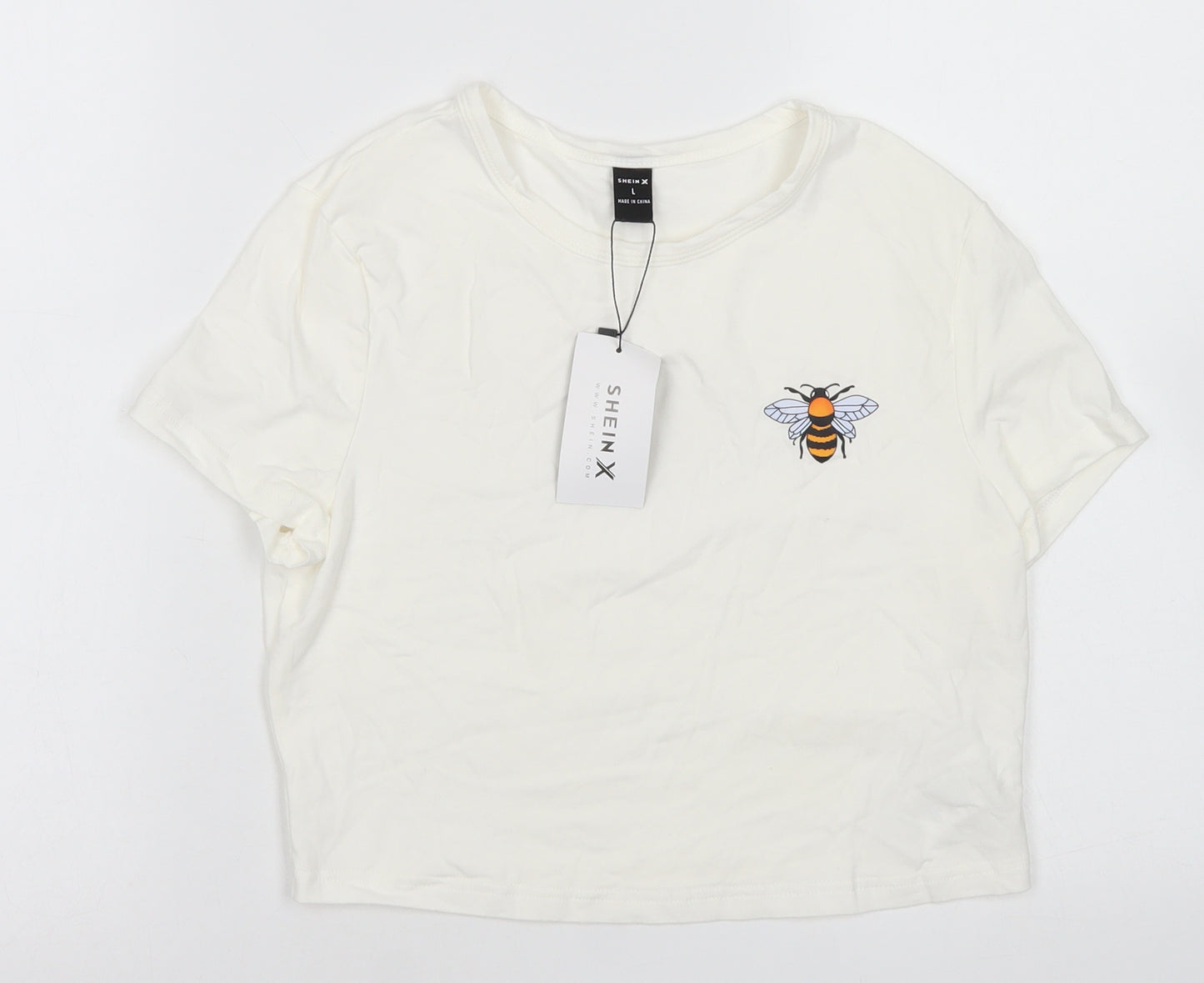 SheIn Womens White  Cotton Cropped T-Shirt Size L Crew Neck - Bumble Bee