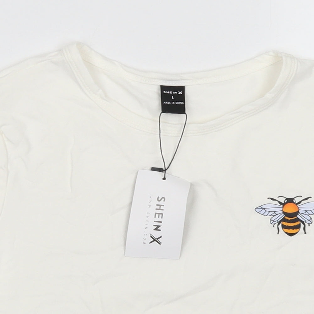 SheIn Womens White  Cotton Cropped T-Shirt Size L Crew Neck - Bumble Bee