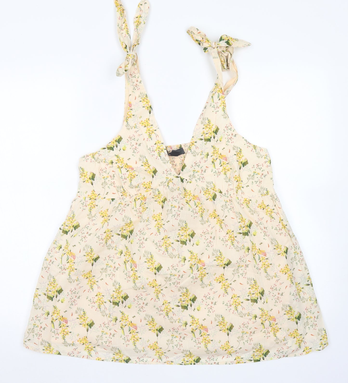 Primark Womens Yellow Floral Cotton Basic Blouse Size 12 V-Neck