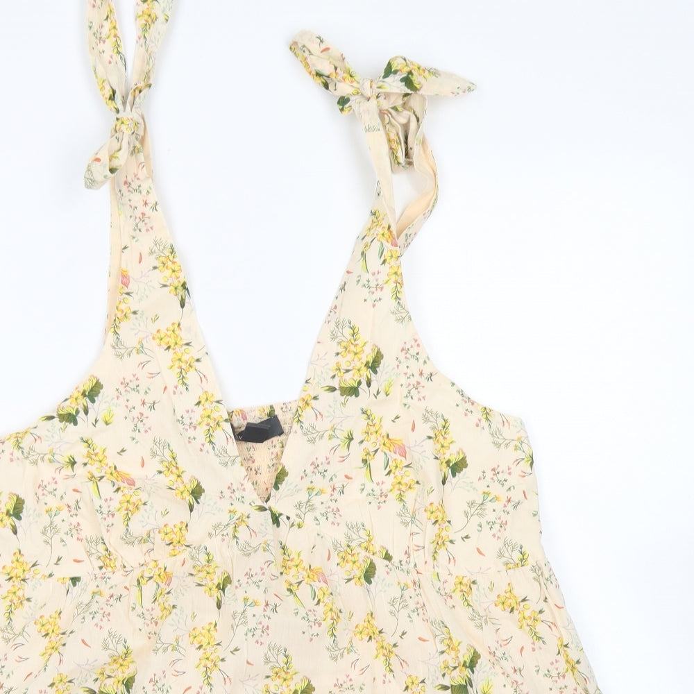 Primark Womens Yellow Floral Cotton Basic Blouse Size 12 V-Neck