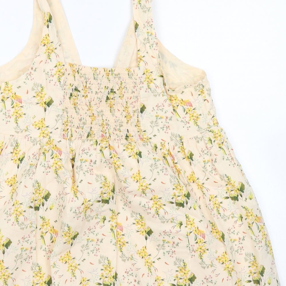 Primark Womens Yellow Floral Cotton Basic Blouse Size 12 V-Neck