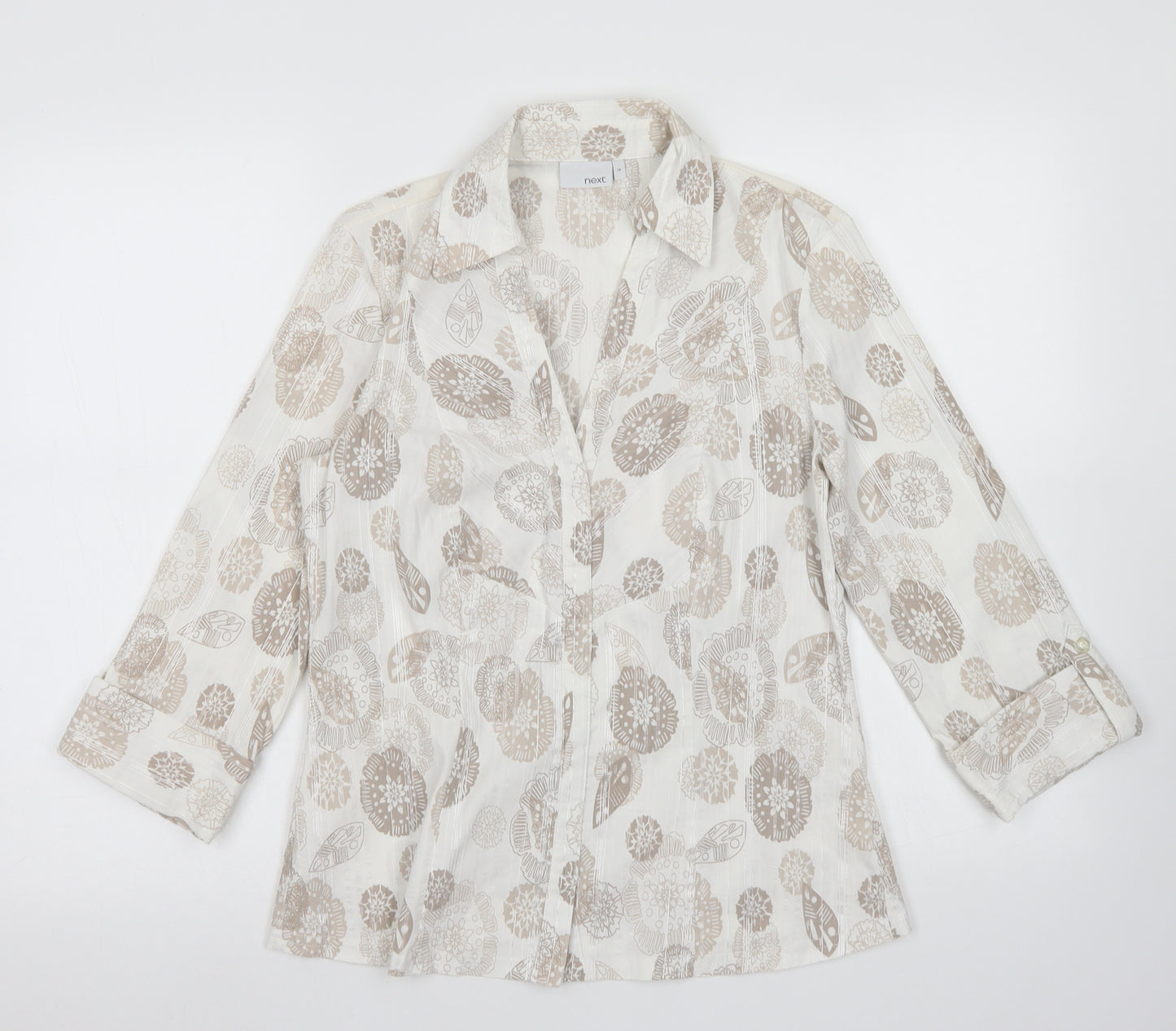 NEXT Womens White Floral Cotton Basic Button-Up Size 14 Collared