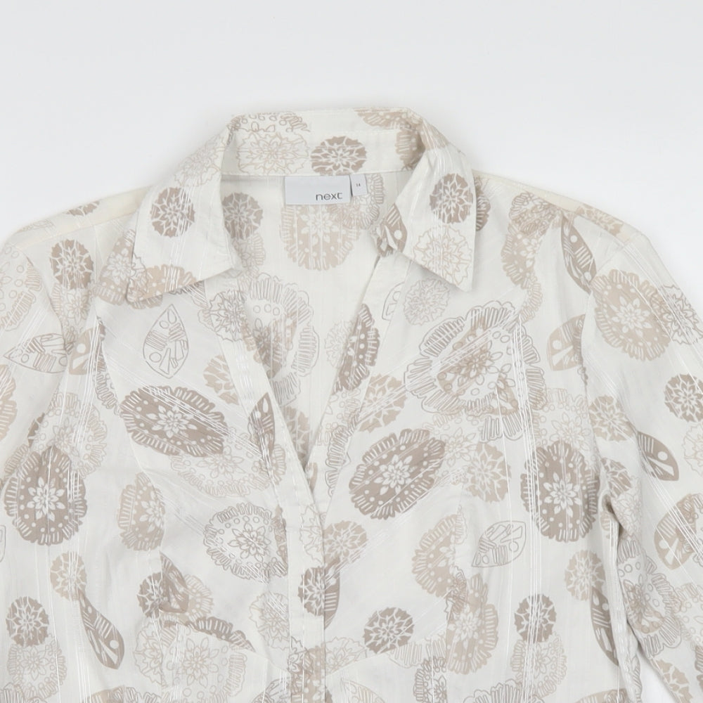 NEXT Womens White Floral Cotton Basic Button-Up Size 14 Collared