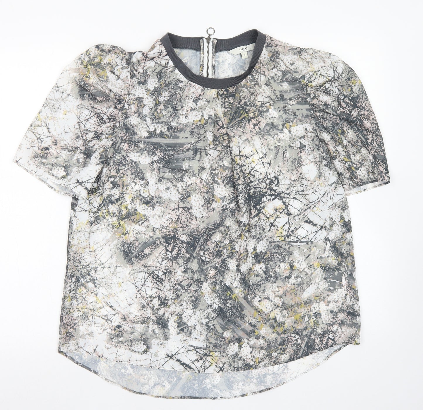 NEXT Womens Grey Floral Polyester Basic Blouse Size 14 Crew Neck
