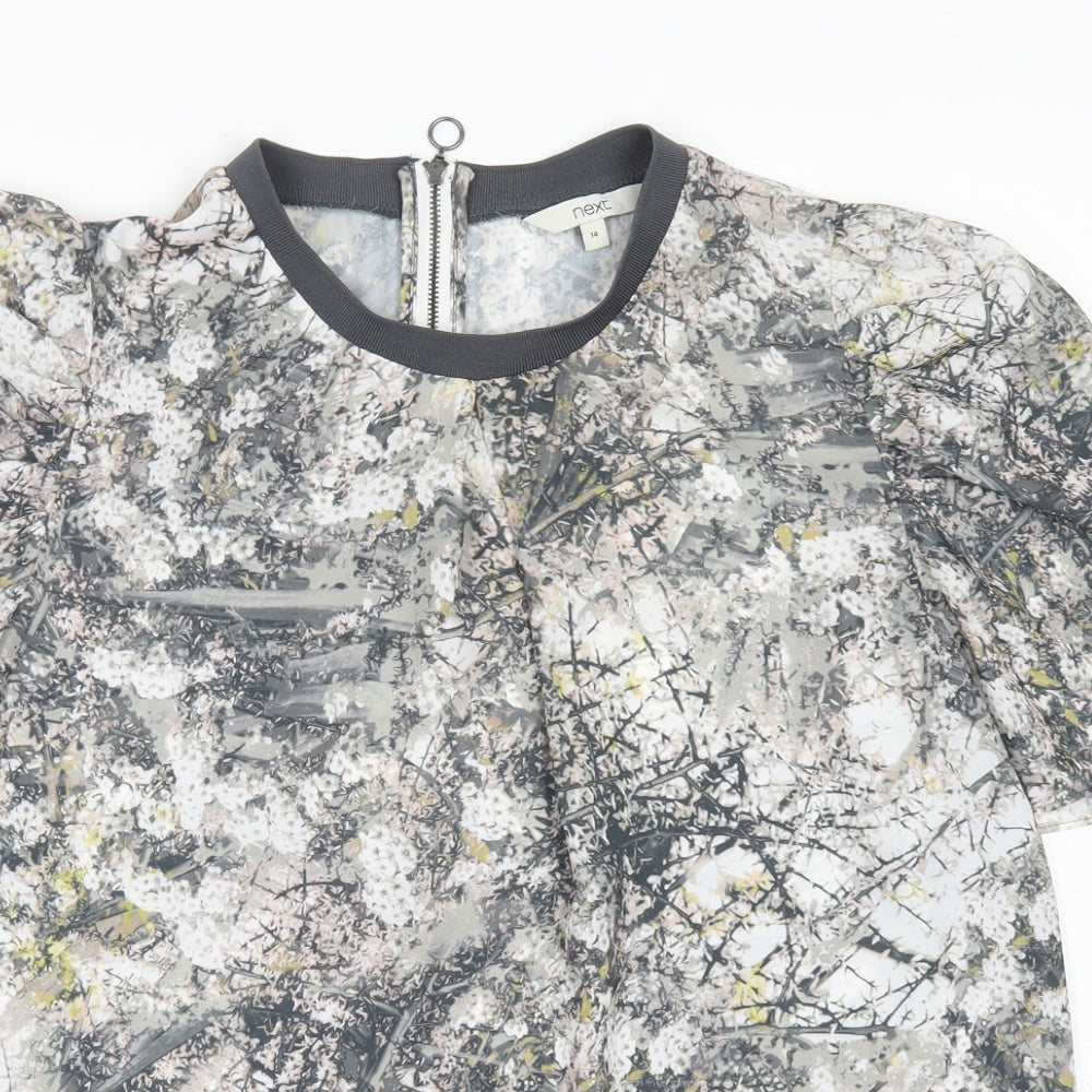 NEXT Womens Grey Floral Polyester Basic Blouse Size 14 Crew Neck