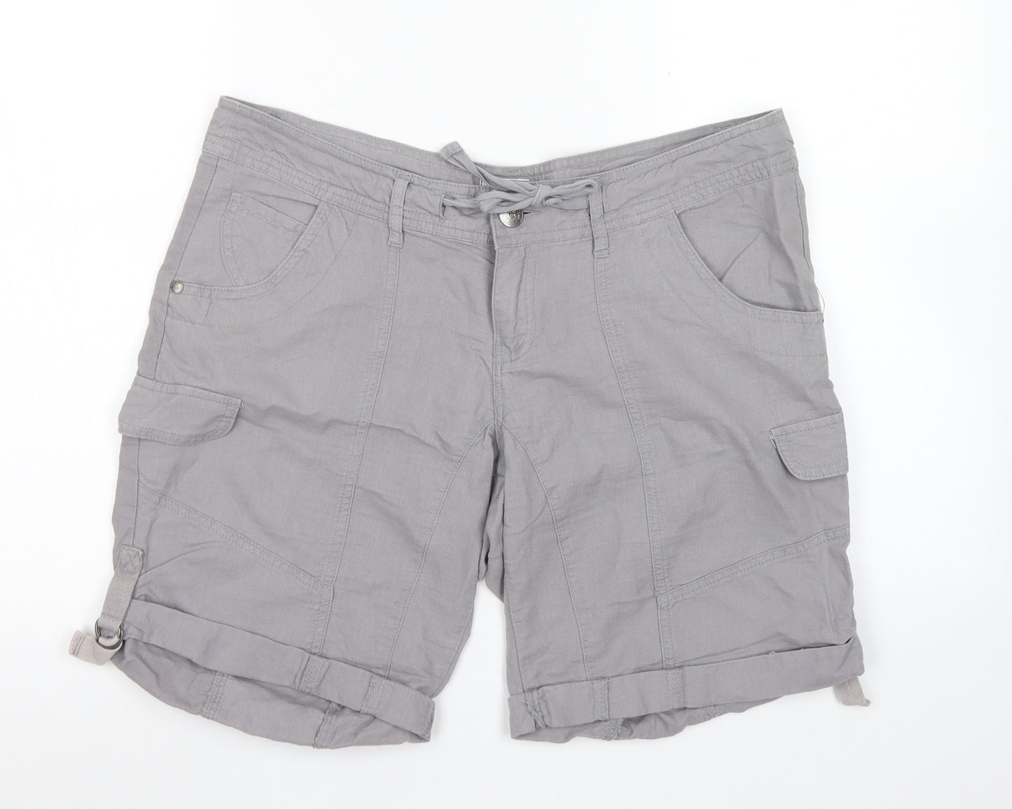 E-vie Womens Grey  Linen Cargo Shorts Size 12 L7 in Regular Button