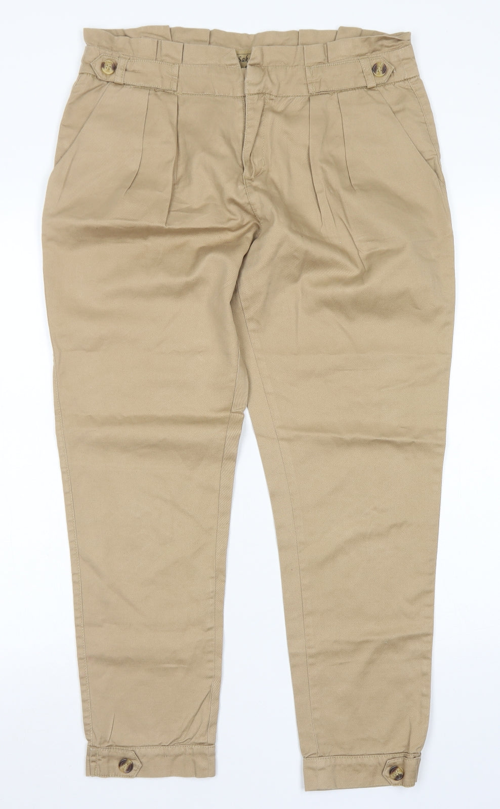 Sakura Womens Brown  Cotton Carrot Trousers Size 12 L27 in Regular Hook & Eye - Paper Bag Waist