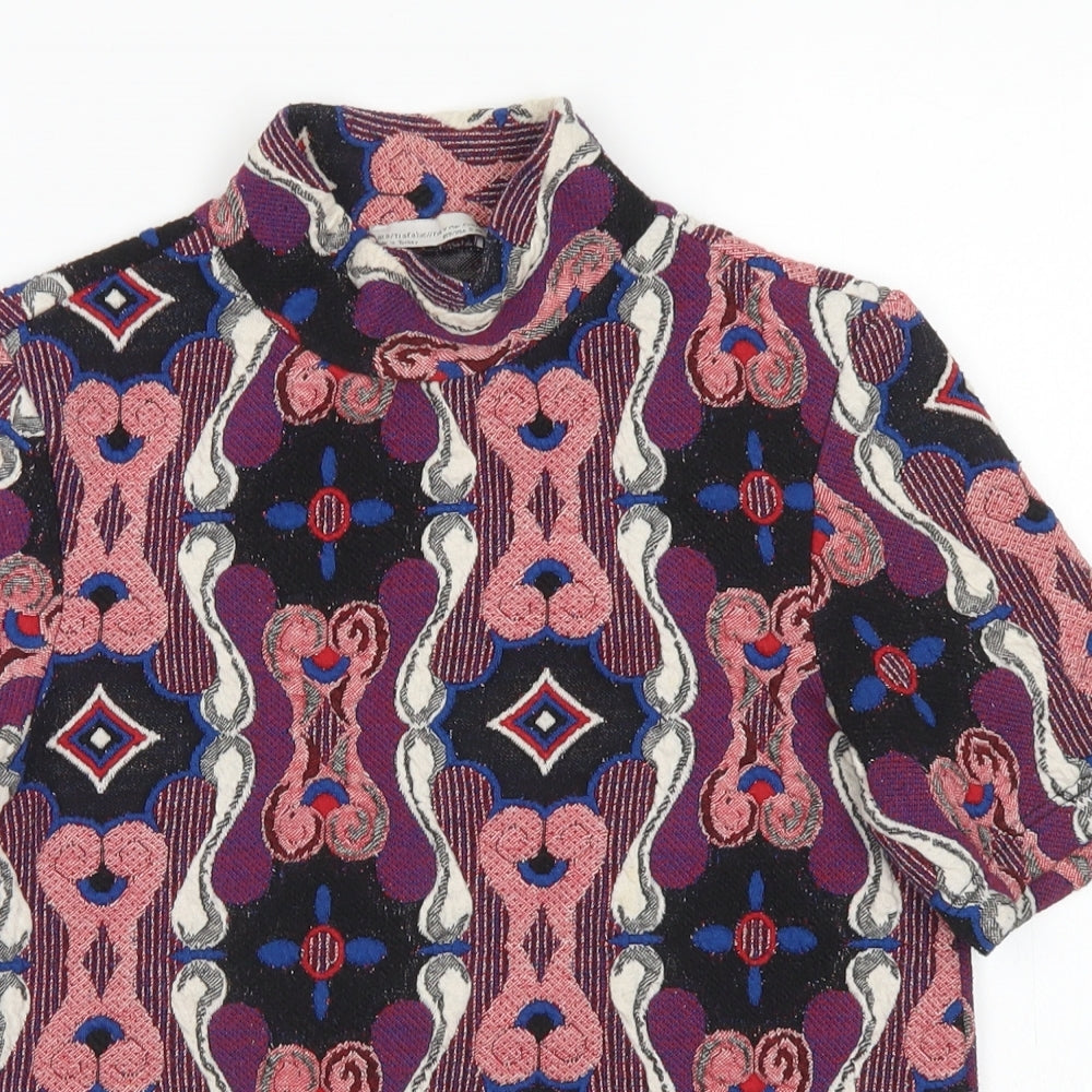Zara Womens Pink Argyle/Diamond Polyester Basic T-Shirt Size S Mock Neck