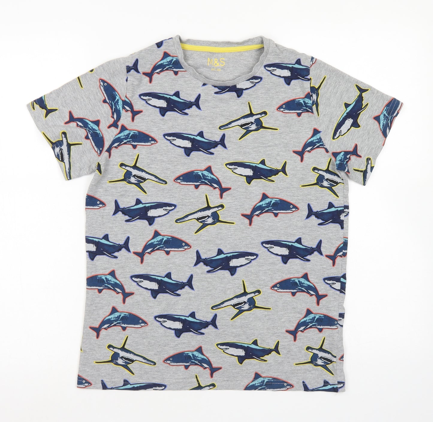 M&S Boys Grey  Cotton Basic T-Shirt Size 12-13 Years Crew Neck  - Shark Print