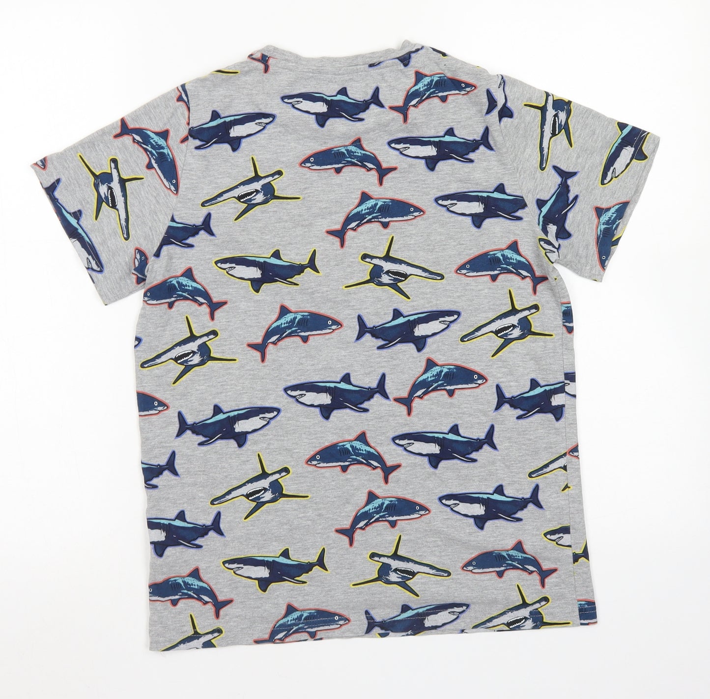 M&S Boys Grey  Cotton Basic T-Shirt Size 12-13 Years Crew Neck  - Shark Print