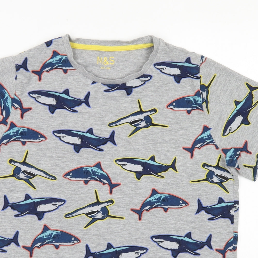M&S Boys Grey  Cotton Basic T-Shirt Size 12-13 Years Crew Neck  - Shark Print