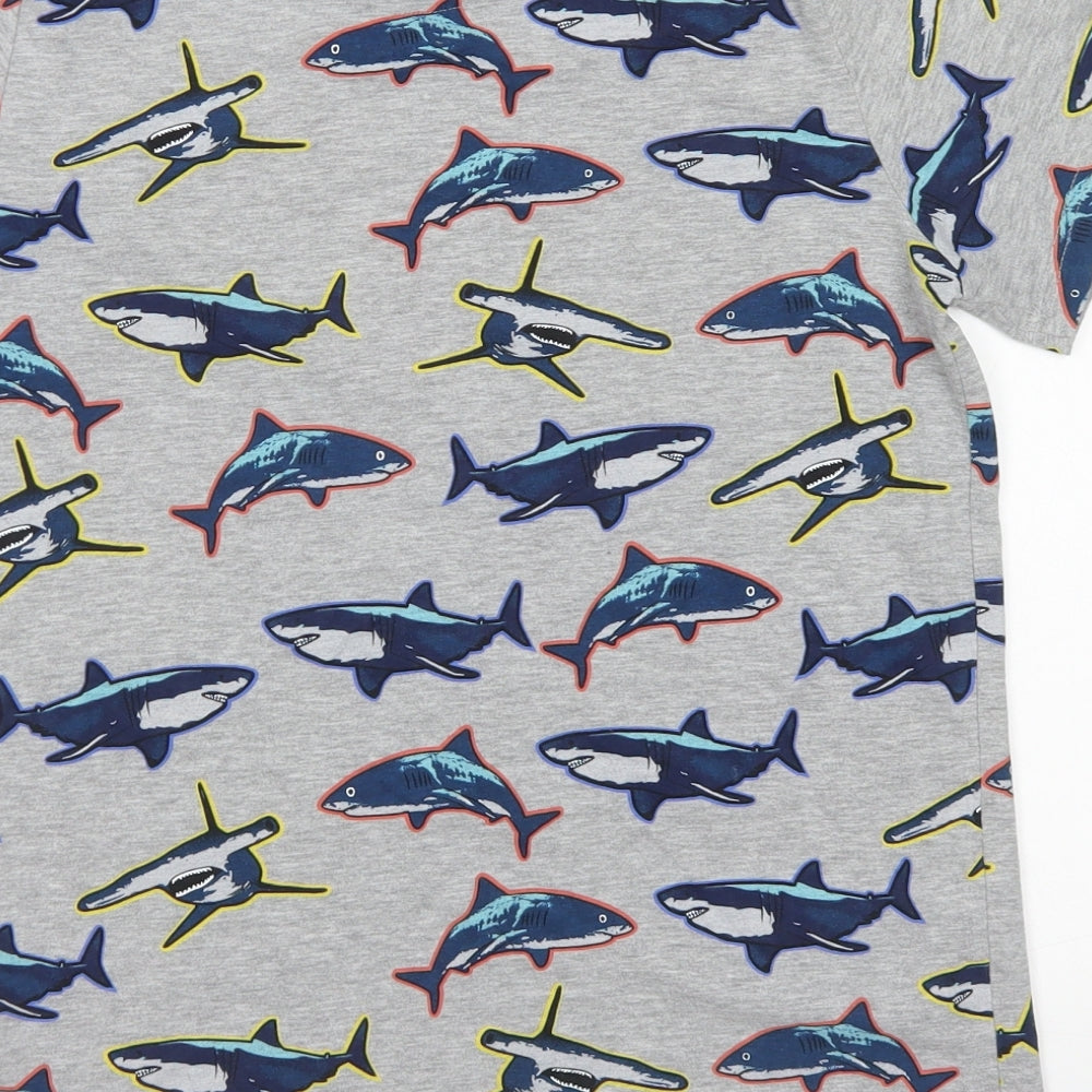 M&S Boys Grey  Cotton Basic T-Shirt Size 12-13 Years Crew Neck  - Shark Print