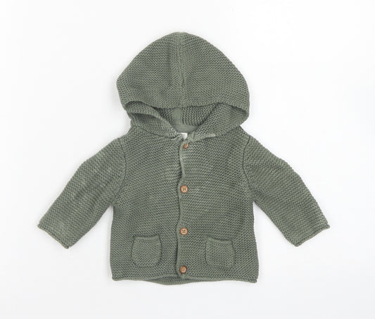 Front view of Next boys’ green cotton cardigan jumper, size 0-3, months button - up to 1 month