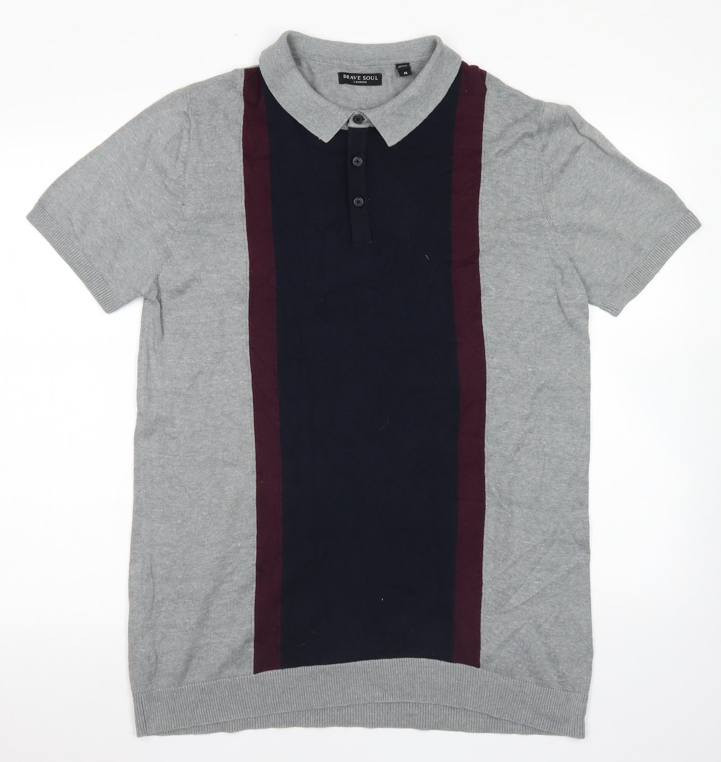 Brave Soul Mens Grey Colourblock Cotton  Polo Size M Collared Button