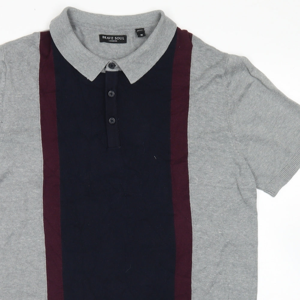 Brave Soul Mens Grey Colourblock Cotton  Polo Size M Collared Button