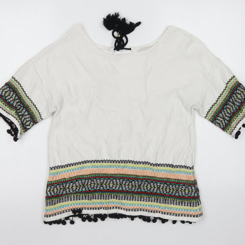 M&S Womens White Round Neck Striped Cotton Pullover Jumper Size 12