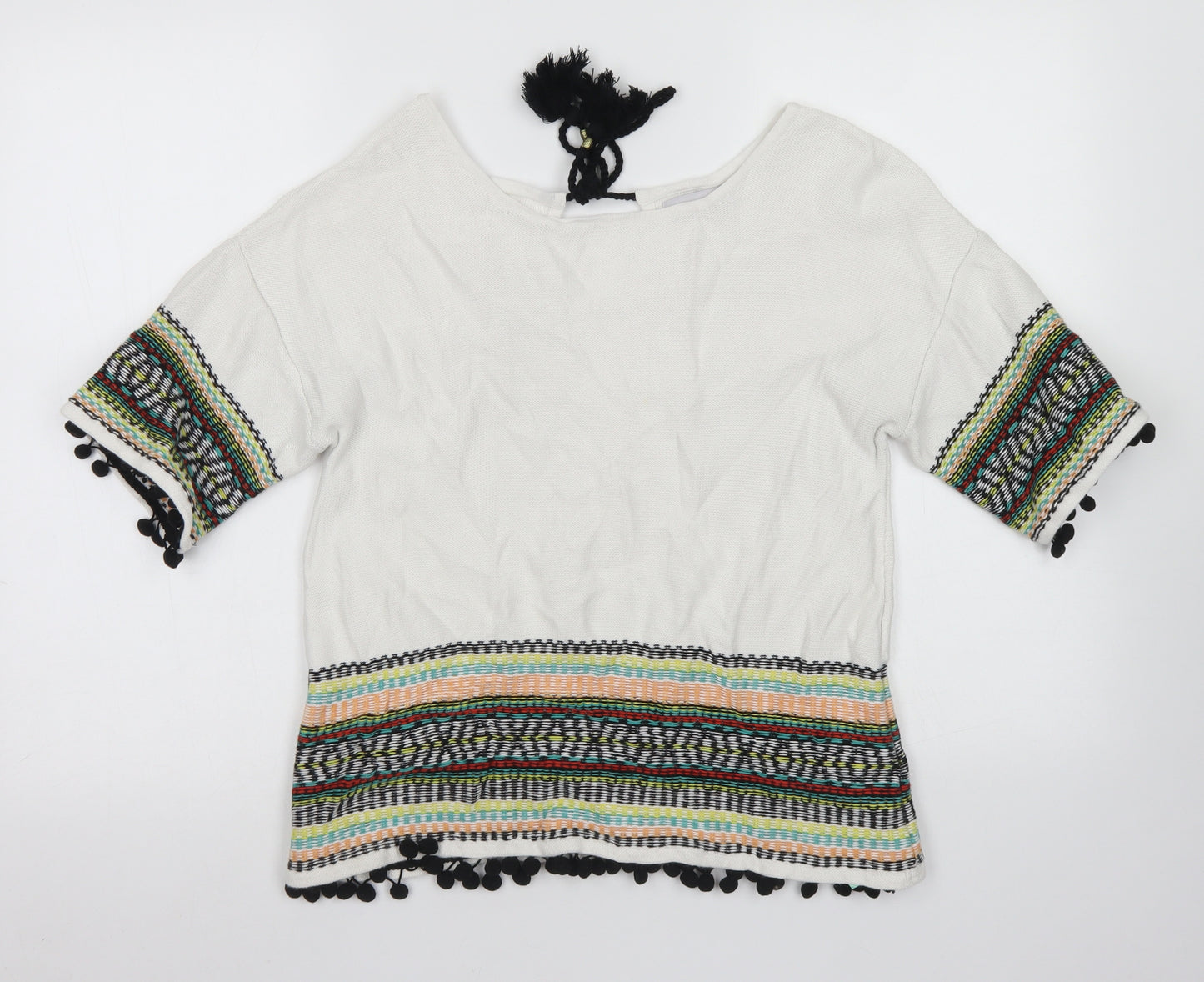 M&S Womens White Round Neck Striped Cotton Pullover Jumper Size 12