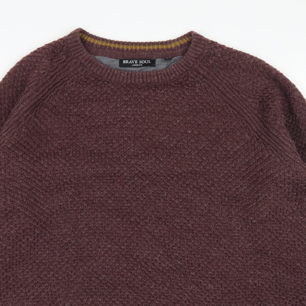 Brave Soul Mens Purple Crew Neck  Acrylic Pullover Jumper Size M