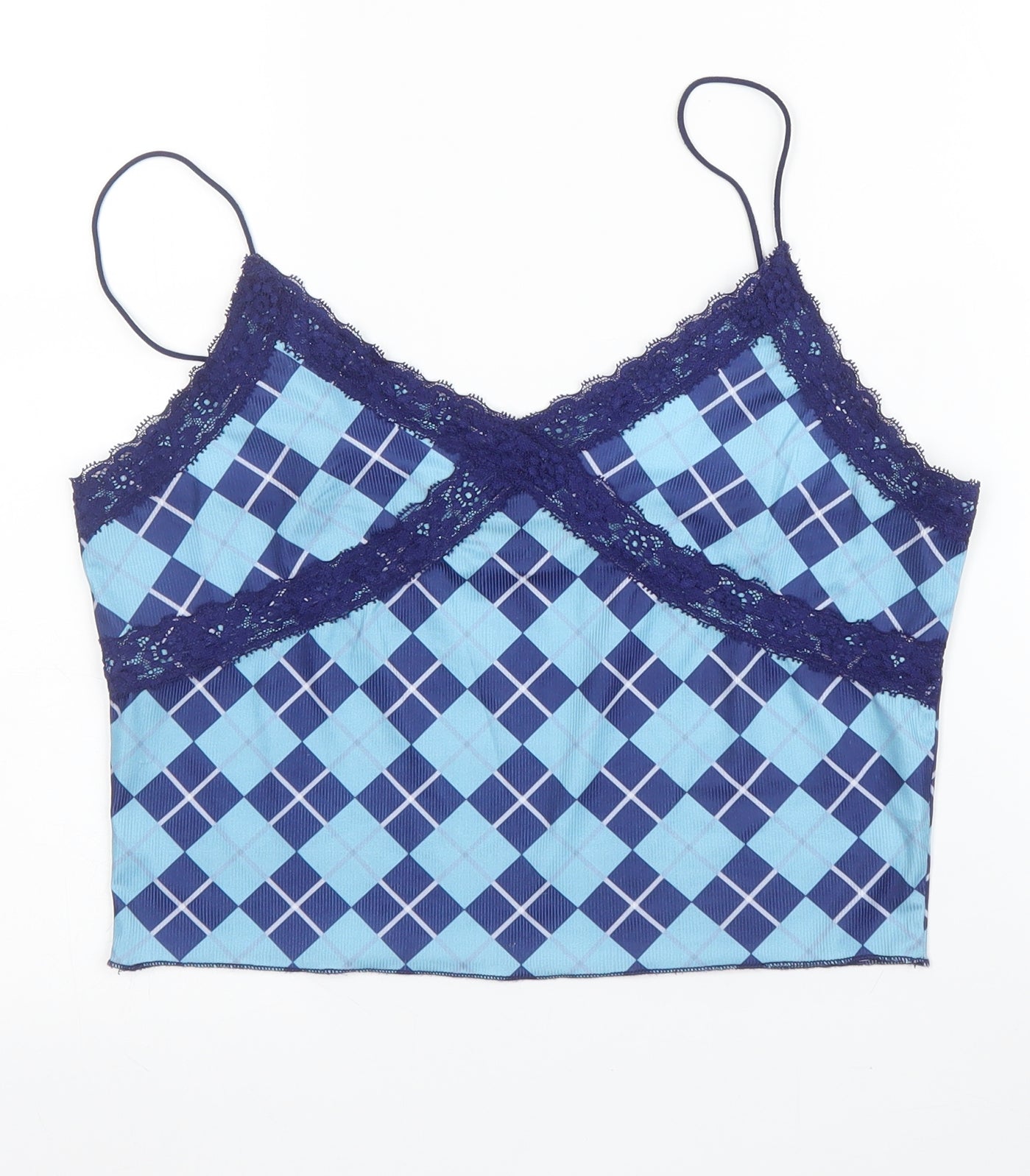 SheIn Womens Blue Argyle/Diamond Polyester Camisole Blouse Size L V-Neck