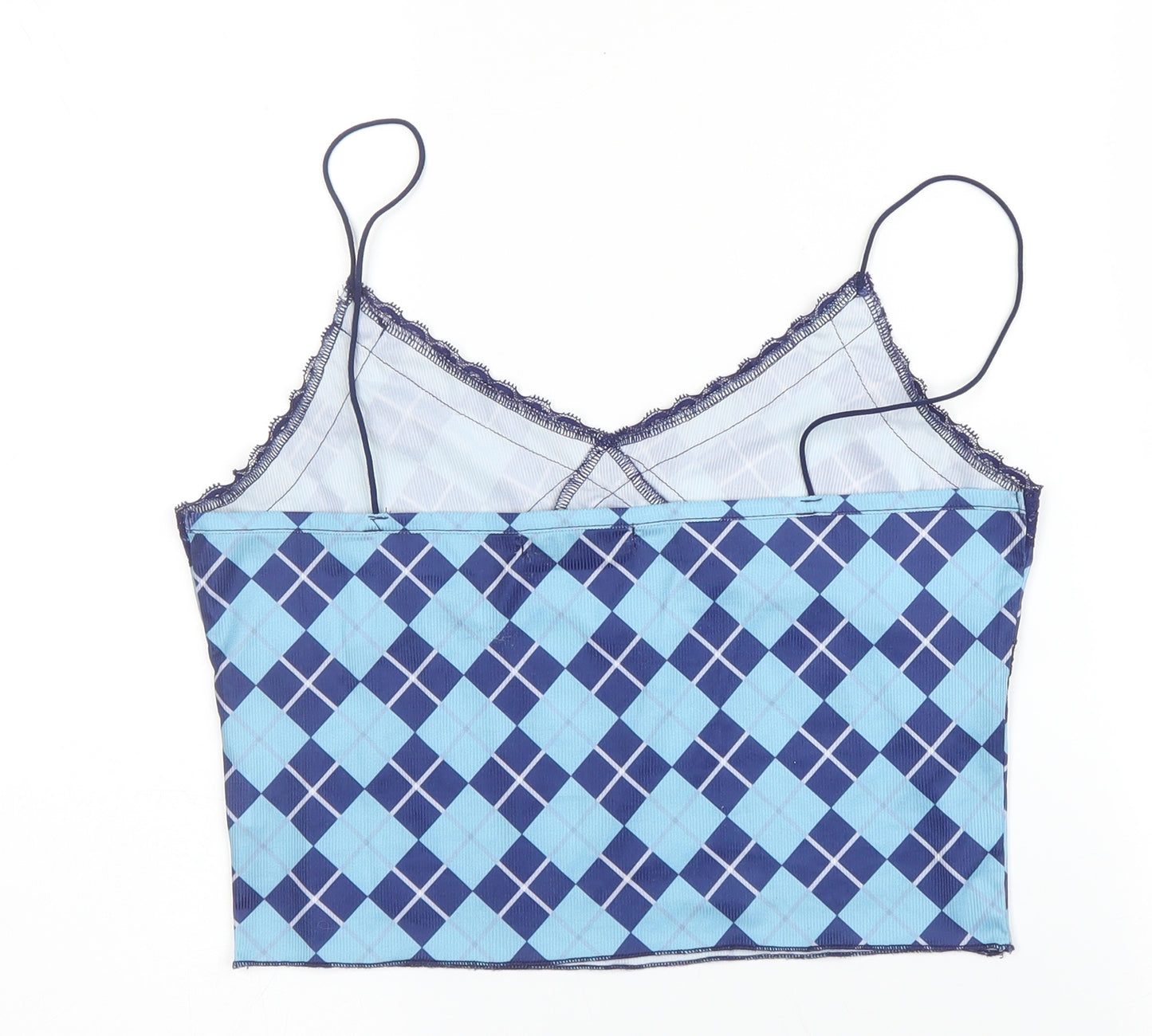 SheIn Womens Blue Argyle/Diamond Polyester Camisole Blouse Size L V-Neck