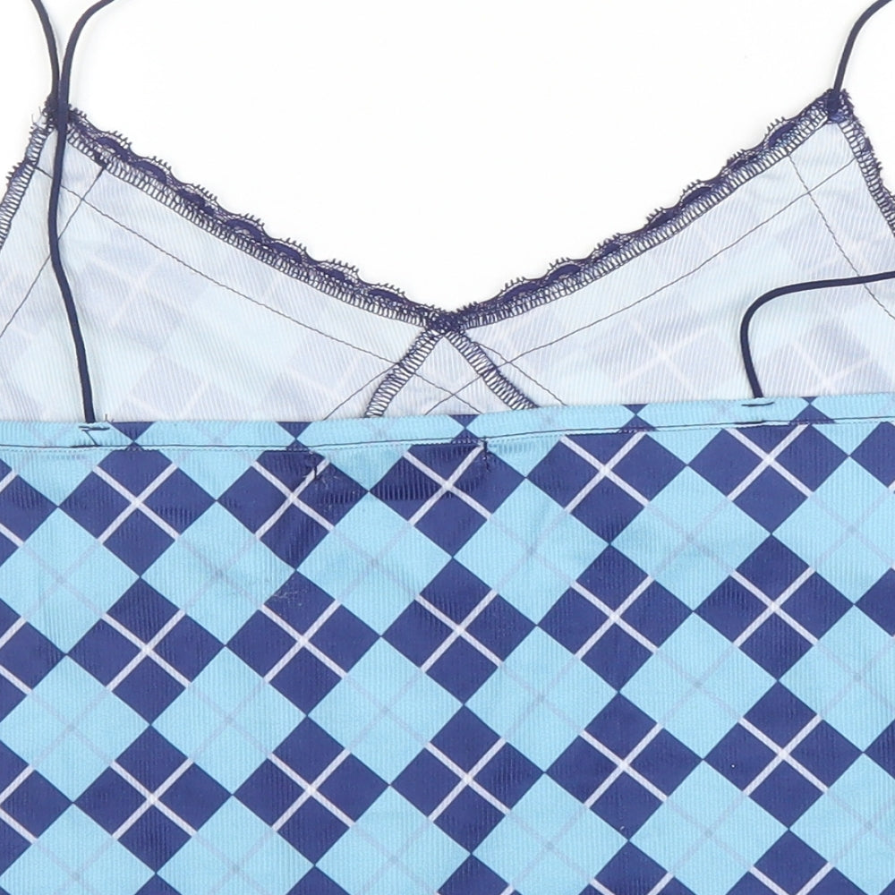 SheIn Womens Blue Argyle/Diamond Polyester Camisole Blouse Size L V-Neck