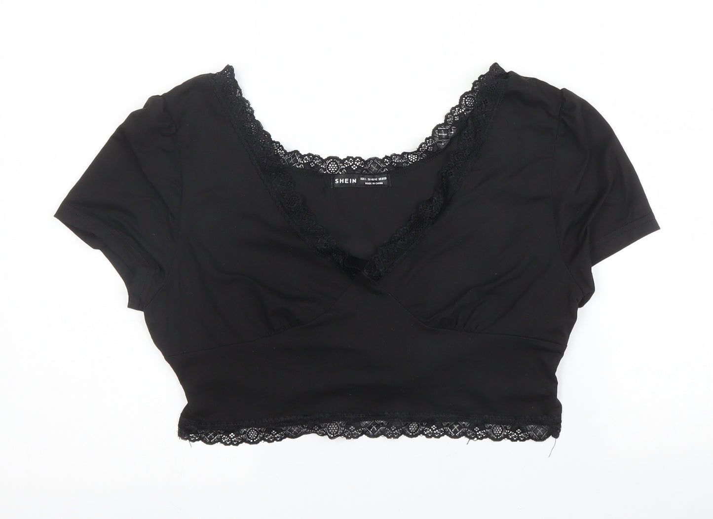SheIn Womens Black  Polyester Cropped Blouse Size L V-Neck