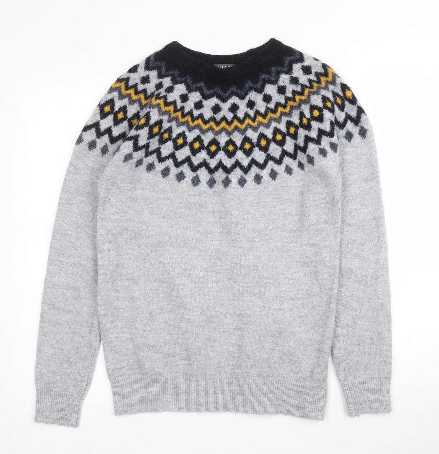Primark Mens Grey Round Neck Fair Isle Acrylic Pullover Jumper Size M