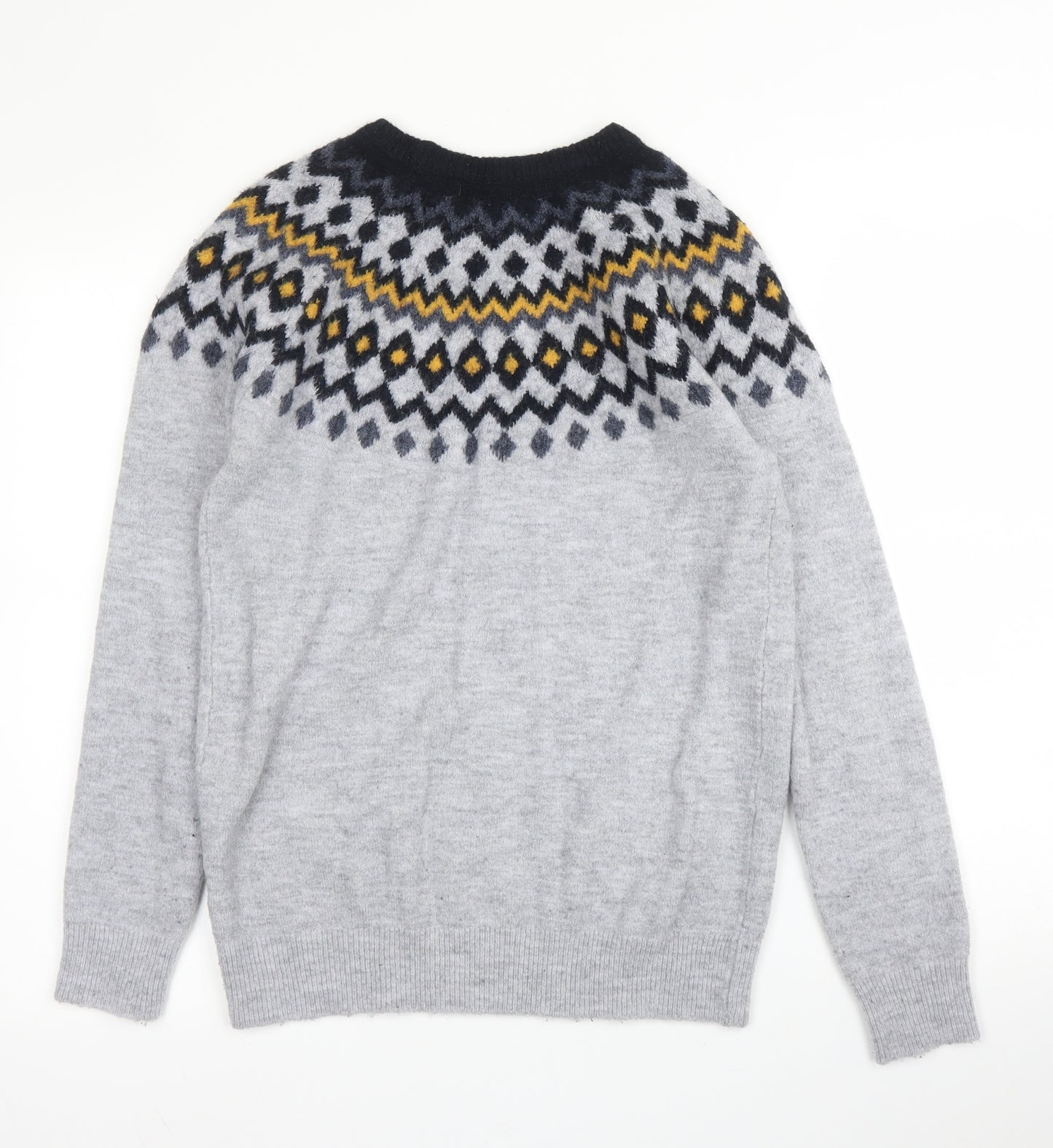 Primark Mens Grey Round Neck Fair Isle Acrylic Pullover Jumper Size M