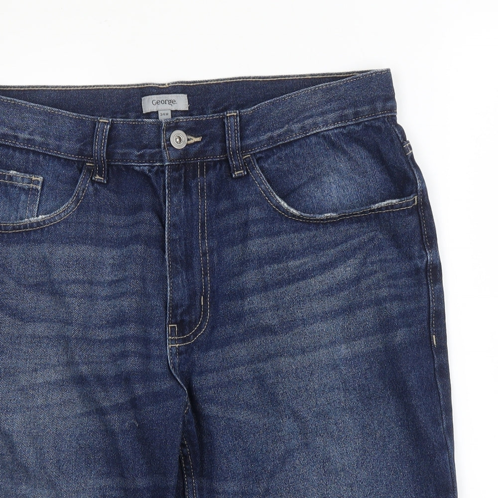 George Mens Blue  Cotton Bermuda Shorts Size 34 in L12 in Regular Zip