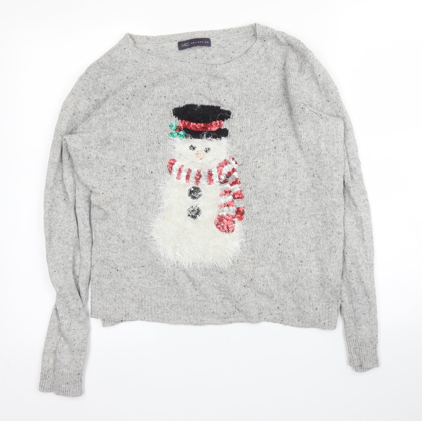 M&S Womens Grey Round Neck  Acrylic Pullover Jumper Size 14   - Christmas
