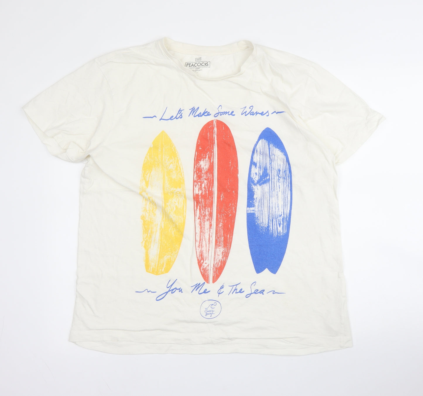 Peacocks Mens White  Cotton  T-Shirt Size L Round Neck